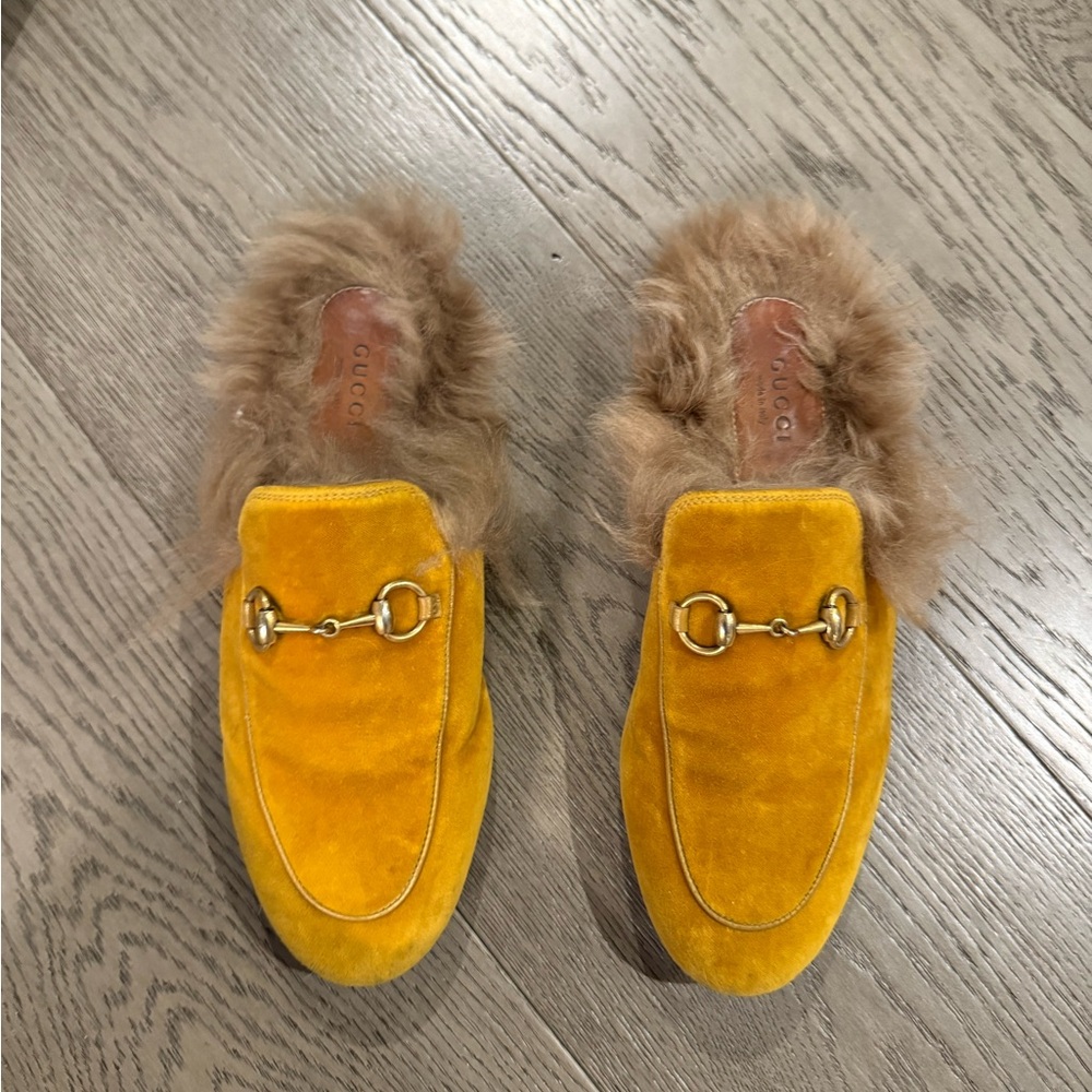 Gucci Mustard Yellow Loafers with Plush Fur Lining